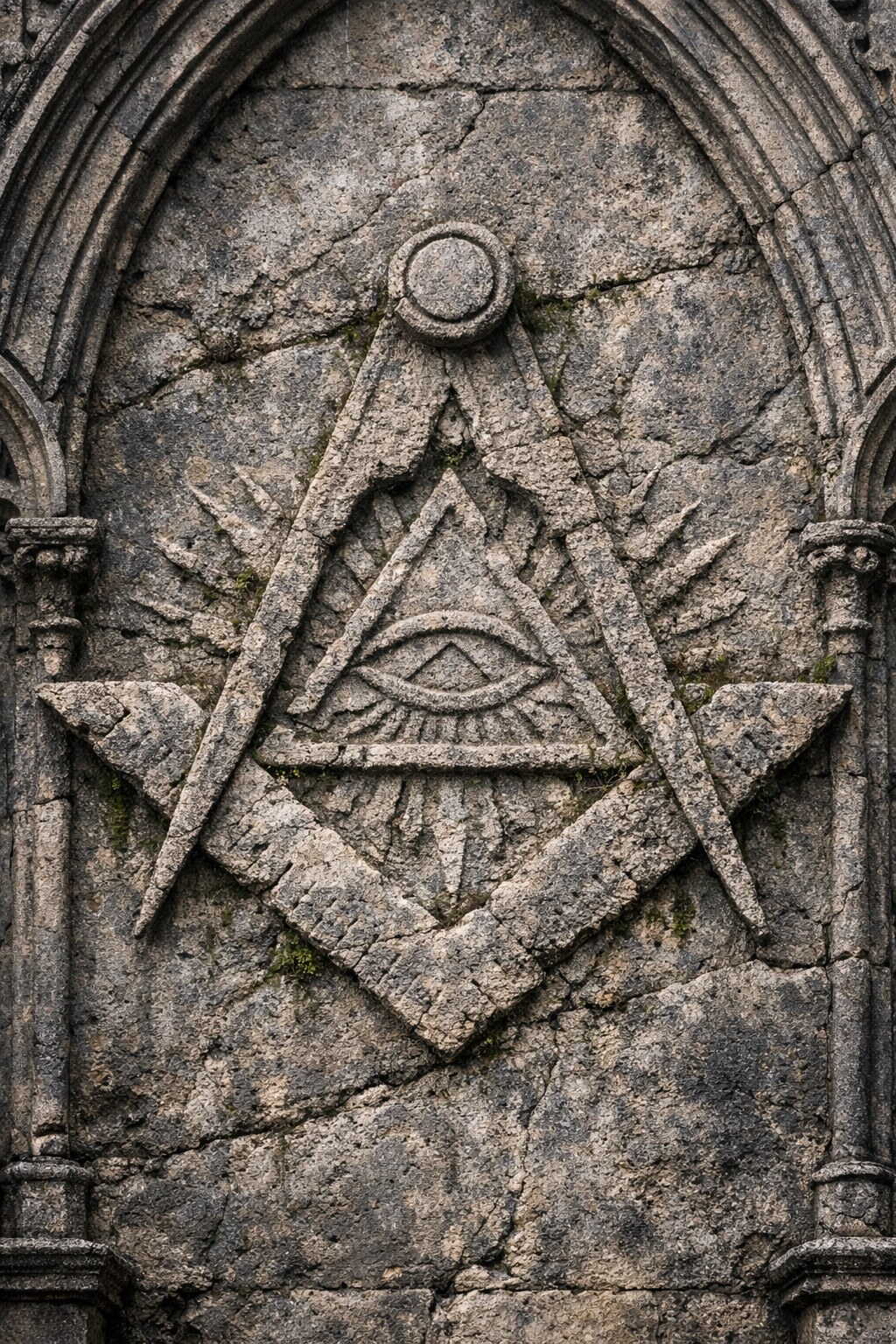 Detalle arquitectónico de piedra con escuadra y compás