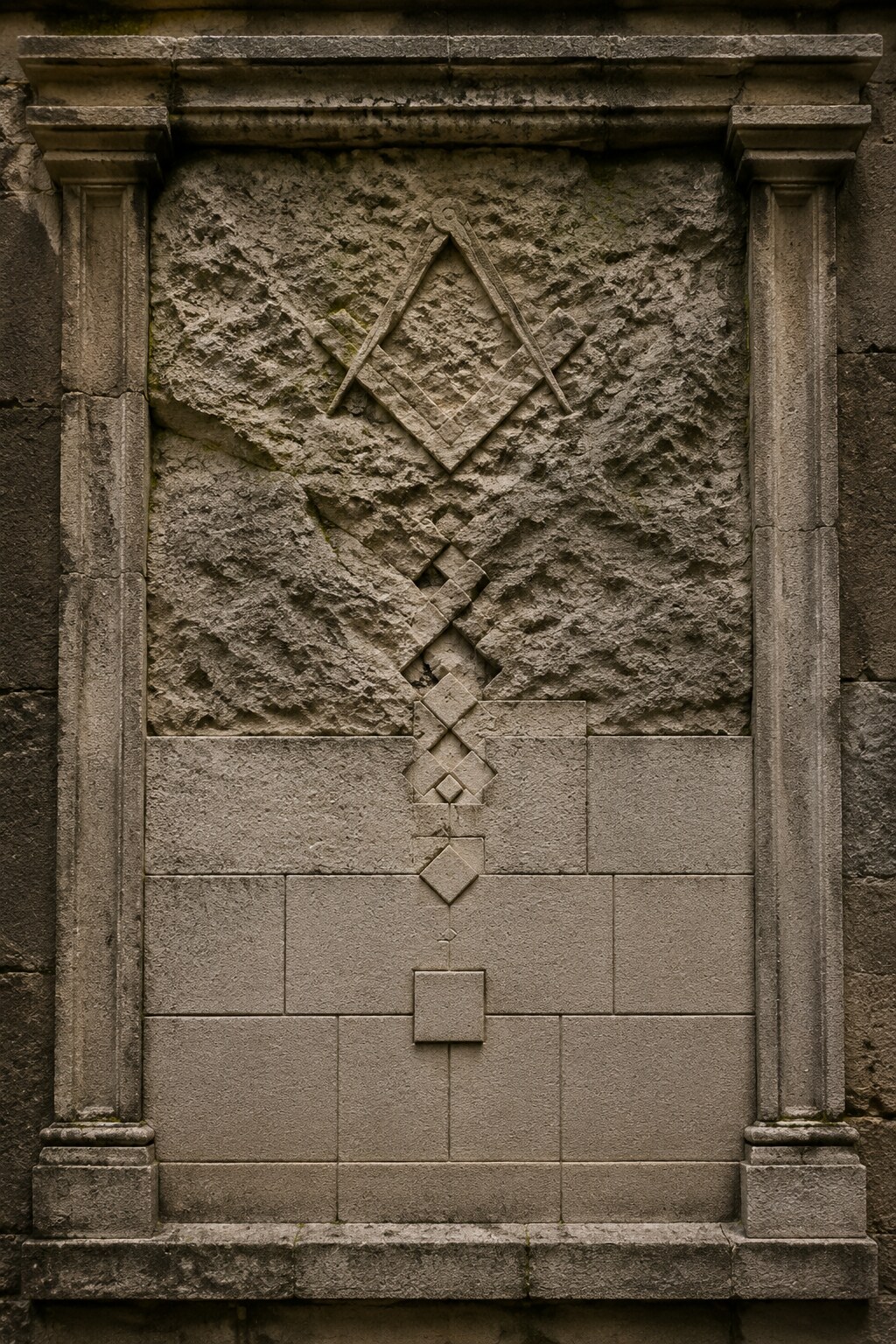 Relieve de piedra que representa el tránsito desde la piedra bruta hacia una obra ordenada